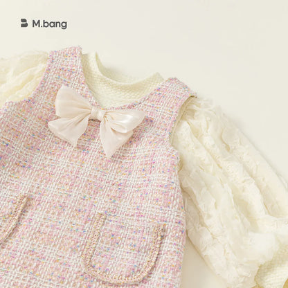 長袖セットアップ キッズセットアップ 2点セット 長袖パフスリーブブラウス+ツイード風ノースリーブワンピース お出かけ【mh0007297】