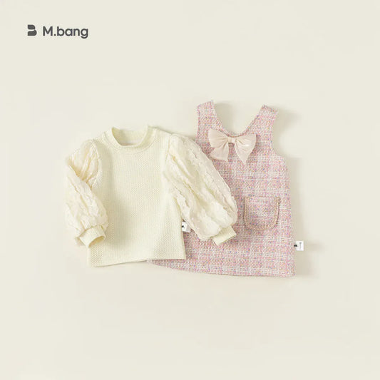 長袖セットアップ キッズセットアップ 2点セット 長袖パフスリーブブラウス+ツイード風ノースリーブワンピース お出かけ【mh0007297】