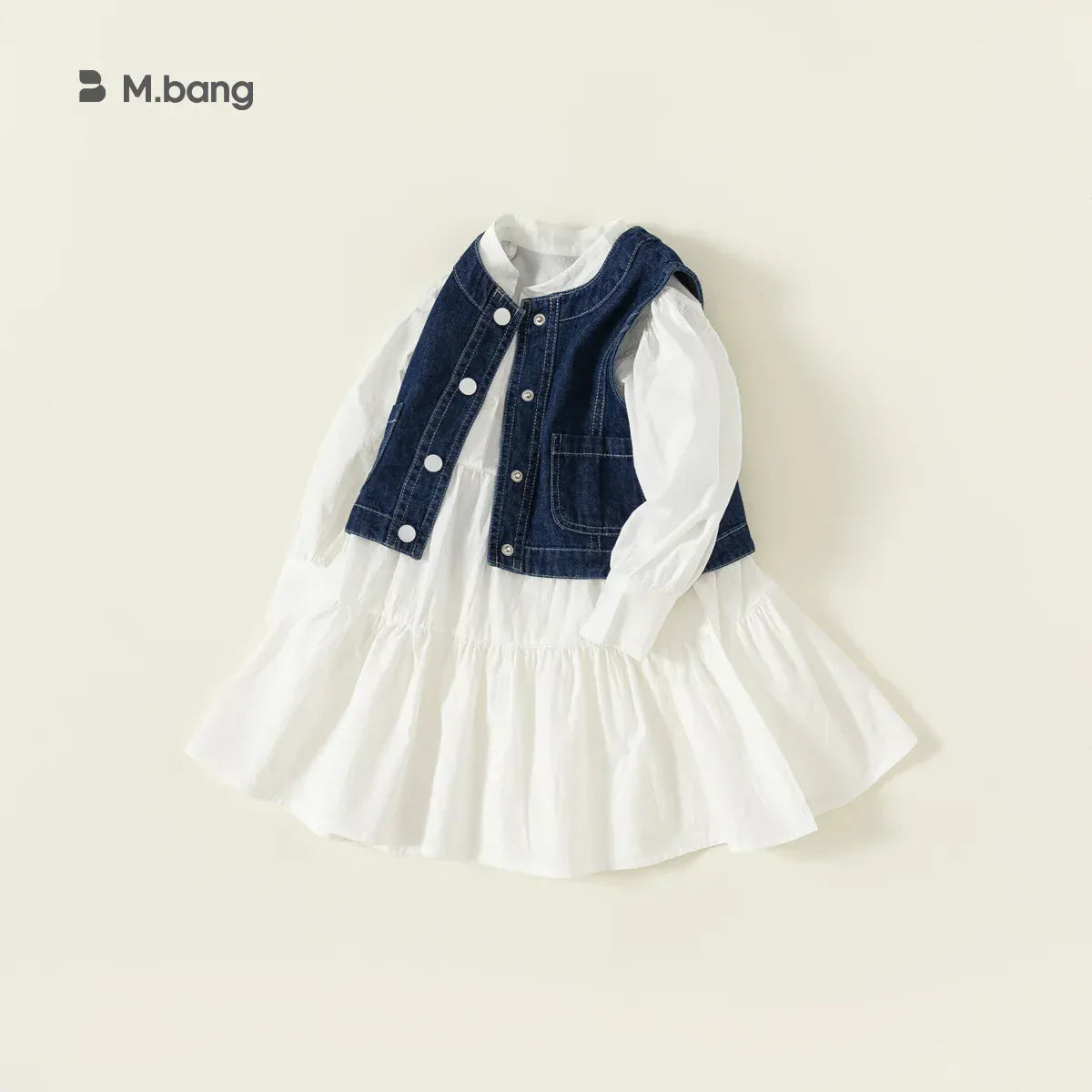 長袖セットアップ キッズセットアップ 2点セット デニムジレベスト+長袖ふんわりワンピース【mh0007298】