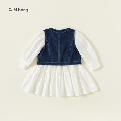 長袖セットアップ キッズセットアップ 2点セット デニムジレベスト+長袖ふんわりワンピース【mh0007298】