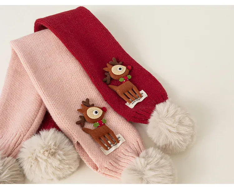 ネックウォーマー ベビーキッズマフラー トナカイアップリケポンポン付きニットネックウォーマー 2カラー【mh0007580】