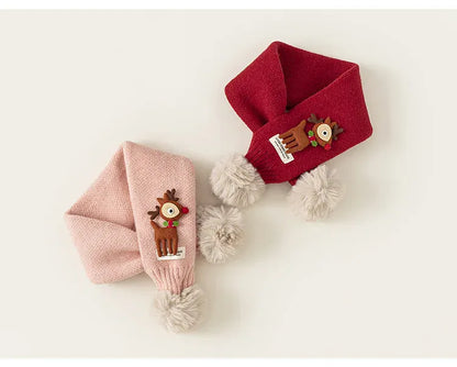 ネックウォーマー ベビーキッズマフラー トナカイアップリケポンポン付きニットネックウォーマー 2カラー【mh0007580】