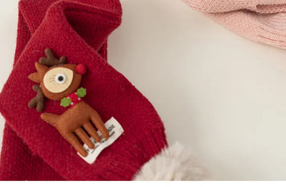 ネックウォーマー ベビーキッズマフラー トナカイアップリケポンポン付きニットネックウォーマー 2カラー【mh0007580】