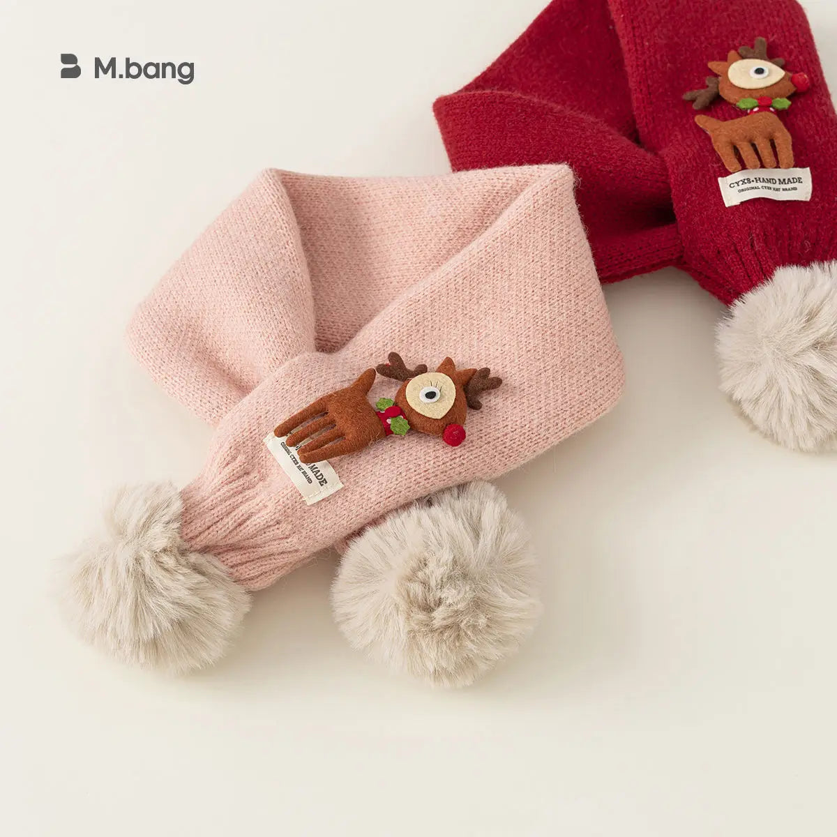 ネックウォーマー ベビーキッズマフラー トナカイアップリケポンポン付きニットネックウォーマー 2カラー【mh0007580】