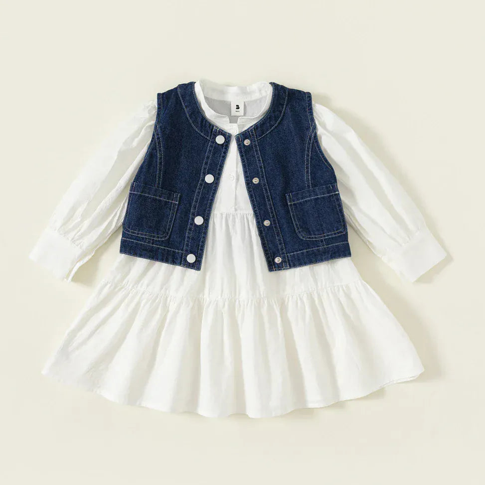 長袖セットアップ 2pc set / 80cm 9-12M キッズセットアップ 2点セット デニムジレベスト+長袖ふんわりワンピース【mh0007298】