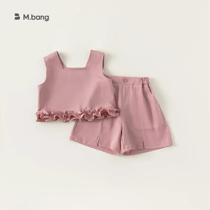 ノースリーブセットアップ Pink / 80cm 9-12M キッズセットアップ 2点セット ノースリーブ裾フリルブラウス+スリットショートパンツ 2カラー【mh0005244】