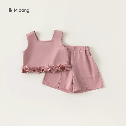ノースリーブセットアップ Pink / 80cm 9-12M キッズセットアップ 2点セット ノースリーブ裾フリルブラウス+スリットショートパンツ 2カラー【mh0005244】