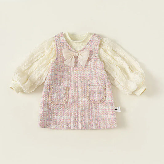 長袖セットアップ Pink / 80cm 9-12M キッズセットアップ 2点セット 長袖パフスリーブブラウス+ツイード風ノースリーブワンピース お出かけ【mh0007297】