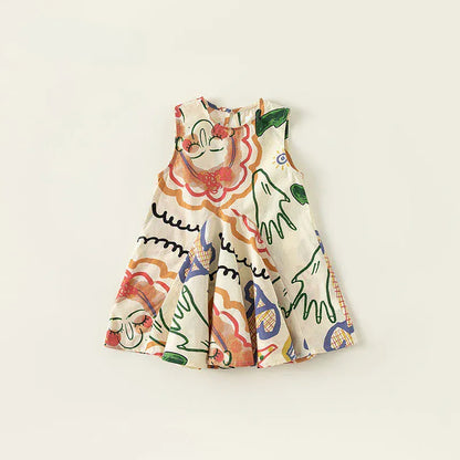 ノースリーブワンピース Red / 90cm 1-2y キッズワンピース ノースリーブAラインワンピース 幾何学抽象画プリント 2カラー【mh0005546】