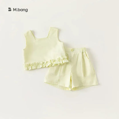 ノースリーブセットアップ Yellow / 80cm 9-12M キッズセットアップ 2点セット ノースリーブ裾フリルブラウス+スリットショートパンツ 2カラー【mh0005244】