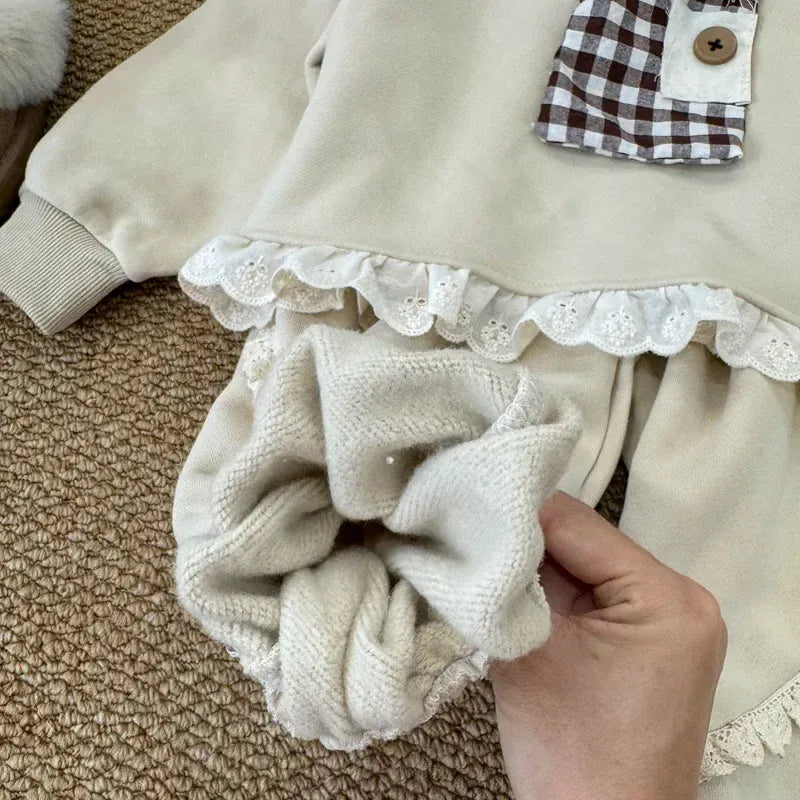 長袖セットアップ キッズセットアップ 2点セット 裾レースフリル裏起毛フリース長袖スウェットシャツ+ロングパンツ 2カラー【mh0007522】