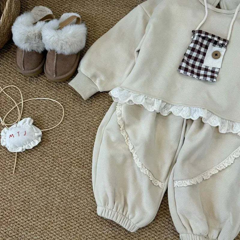 長袖セットアップ キッズセットアップ 2点セット 裾レースフリル裏起毛フリース長袖スウェットシャツ+ロングパンツ 2カラー【mh0007522】