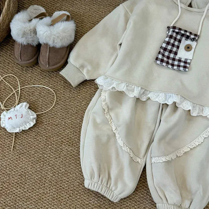 長袖セットアップ キッズセットアップ 2点セット 裾レースフリル裏起毛フリース長袖スウェットシャツ+ロングパンツ 2カラー【mh0007522】