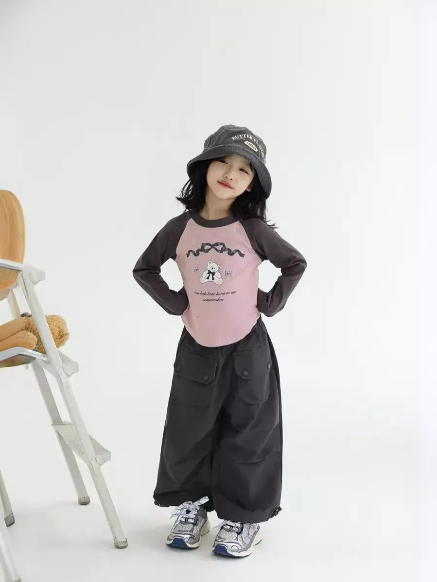 ロングパンツ・スウェットパンツ キッズパンツ ビッグポケットワイドルーズ裾絞りカーゴパンツ 2カラー【mh0006780】