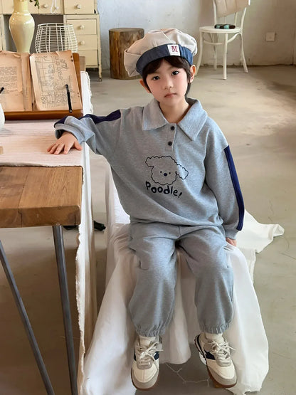 長袖セットアップ キッズセットアップ 2点セット 長袖犬プリントポロシャツ+ロングパンツ グレー【mh0006904】