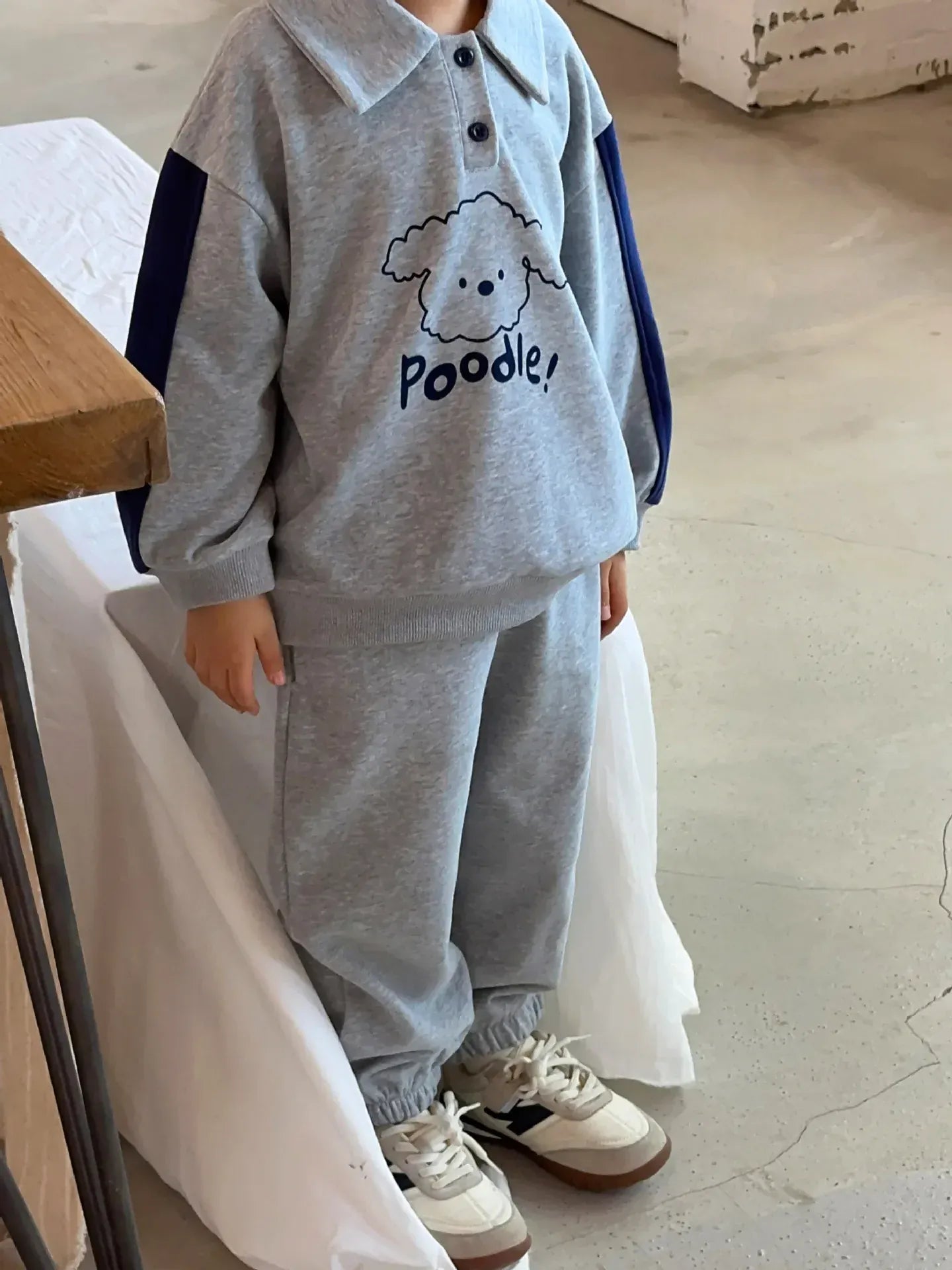 長袖セットアップ キッズセットアップ 2点セット 長袖犬プリントポロシャツ+ロングパンツ グレー【mh0006904】