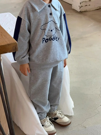 長袖セットアップ キッズセットアップ 2点セット 長袖犬プリントポロシャツ+ロングパンツ グレー【mh0006904】