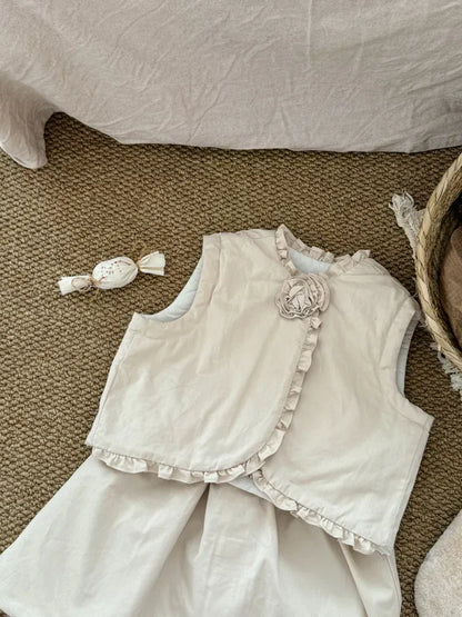 ノースリーブセットアップ キッズセットアップ 2点セット フリルバイピングベスト+スカート ベージュ【mh0007524】