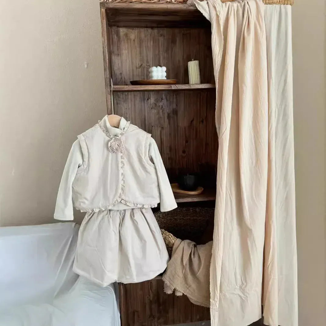 ノースリーブセットアップ キッズセットアップ 2点セット フリルバイピングベスト+スカート ベージュ【mh0007524】