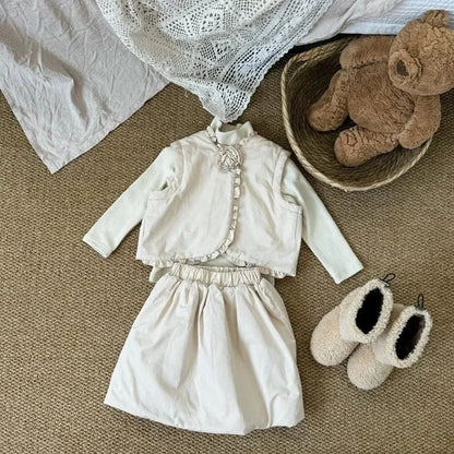 ノースリーブセットアップ キッズセットアップ 2点セット フリルバイピングベスト+スカート ベージュ【mh0007524】