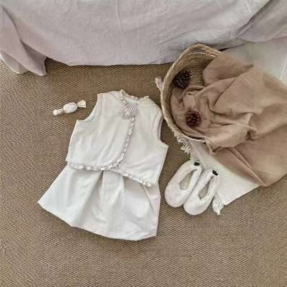 ノースリーブセットアップ キッズセットアップ 2点セット フリルバイピングベスト+スカート ベージュ【mh0007524】