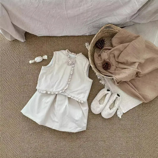 ノースリーブセットアップ キッズセットアップ 2点セット フリルバイピングベスト+スカート ベージュ【mh0007524】