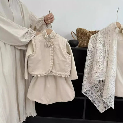 ノースリーブセットアップ キッズセットアップ 2点セット フリルバイピングベスト+スカート ベージュ【mh0007524】