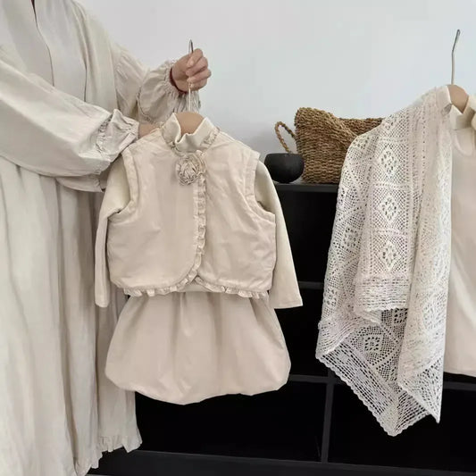 ノースリーブセットアップ キッズセットアップ 2点セット フリルバイピングベスト+スカート ベージュ【mh0007524】