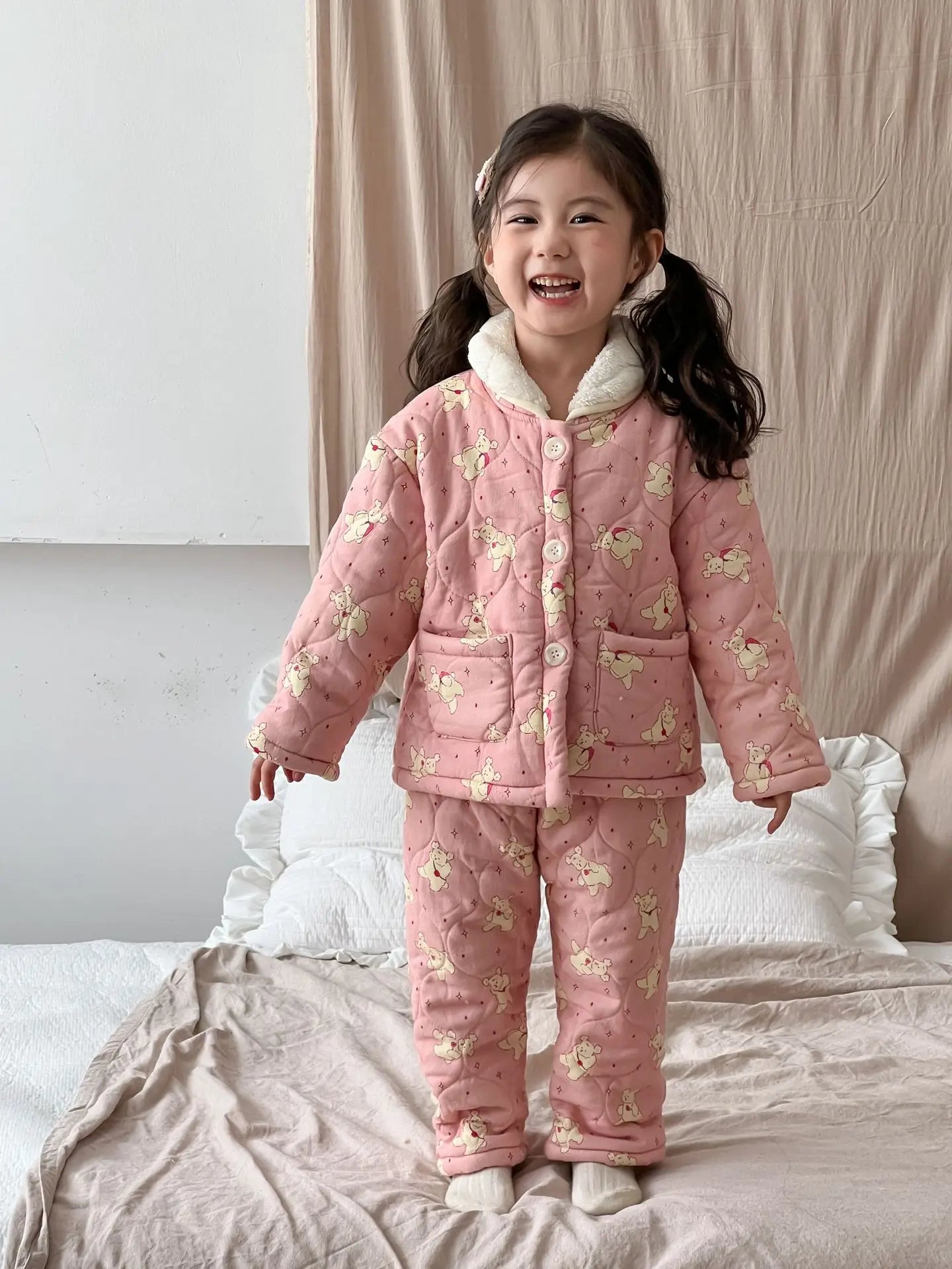 長袖パジャマ キッズセットアップ 2点セット キルティング裏ボアフリース防寒長袖パジャマセット【mh0007985】