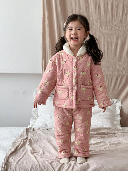 長袖パジャマ キッズセットアップ 2点セット キルティング裏ボアフリース防寒長袖パジャマセット【mh0007985】
