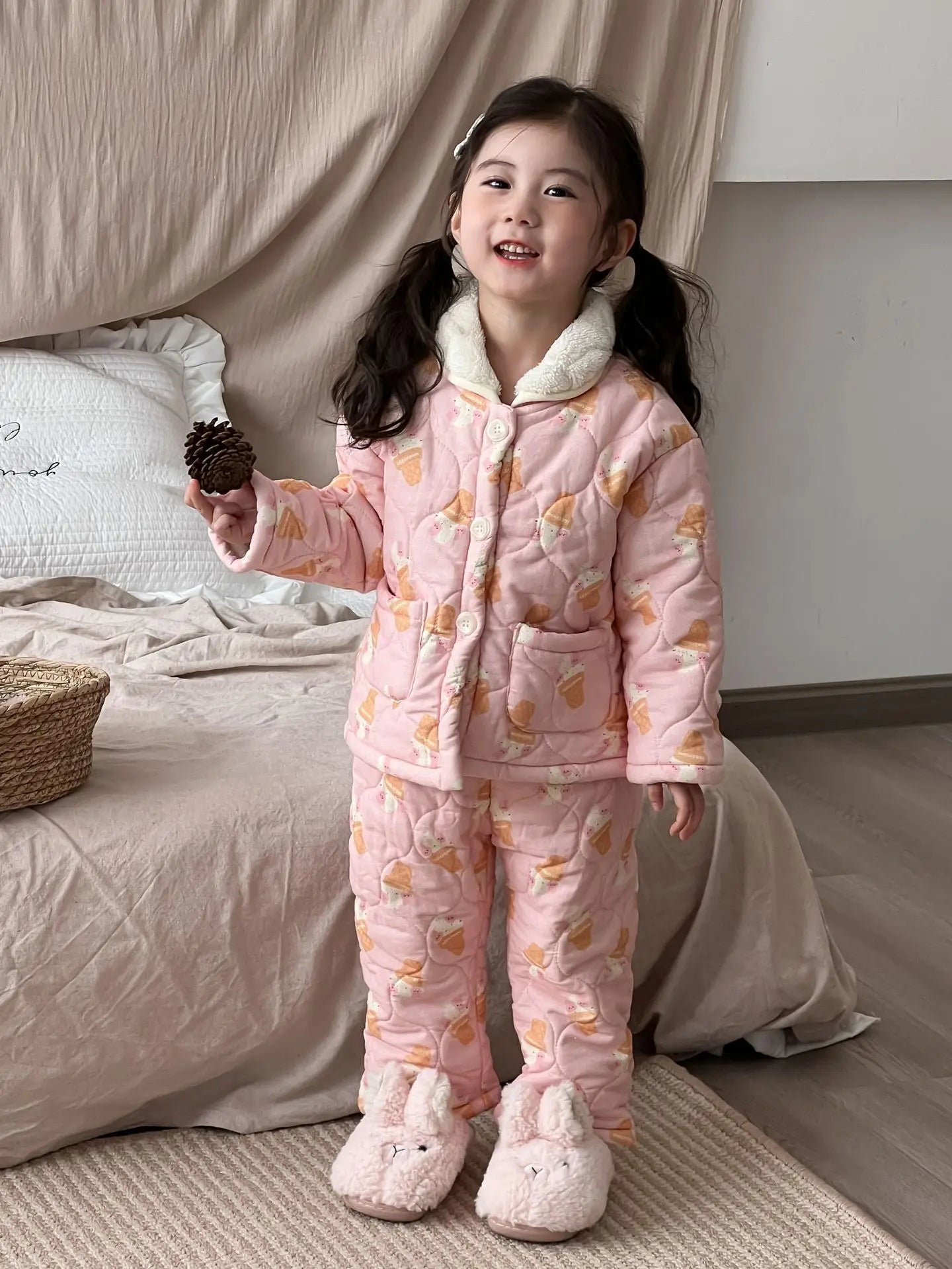 長袖パジャマ キッズセットアップ 2点セット キルティング裏ボアフリース防寒長袖パジャマセット【mh0007985】