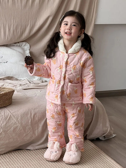 長袖パジャマ キッズセットアップ 2点セット キルティング裏ボアフリース防寒長袖パジャマセット【mh0007985】