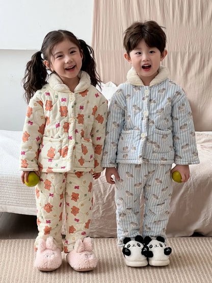 長袖パジャマ キッズセットアップ 2点セット キルティング裏ボアフリース防寒長袖パジャマセット【mh0007985】