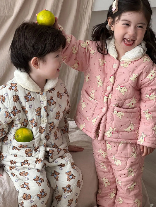 長袖パジャマ キッズセットアップ 2点セット キルティング裏ボアフリース防寒長袖パジャマセット【mh0007985】