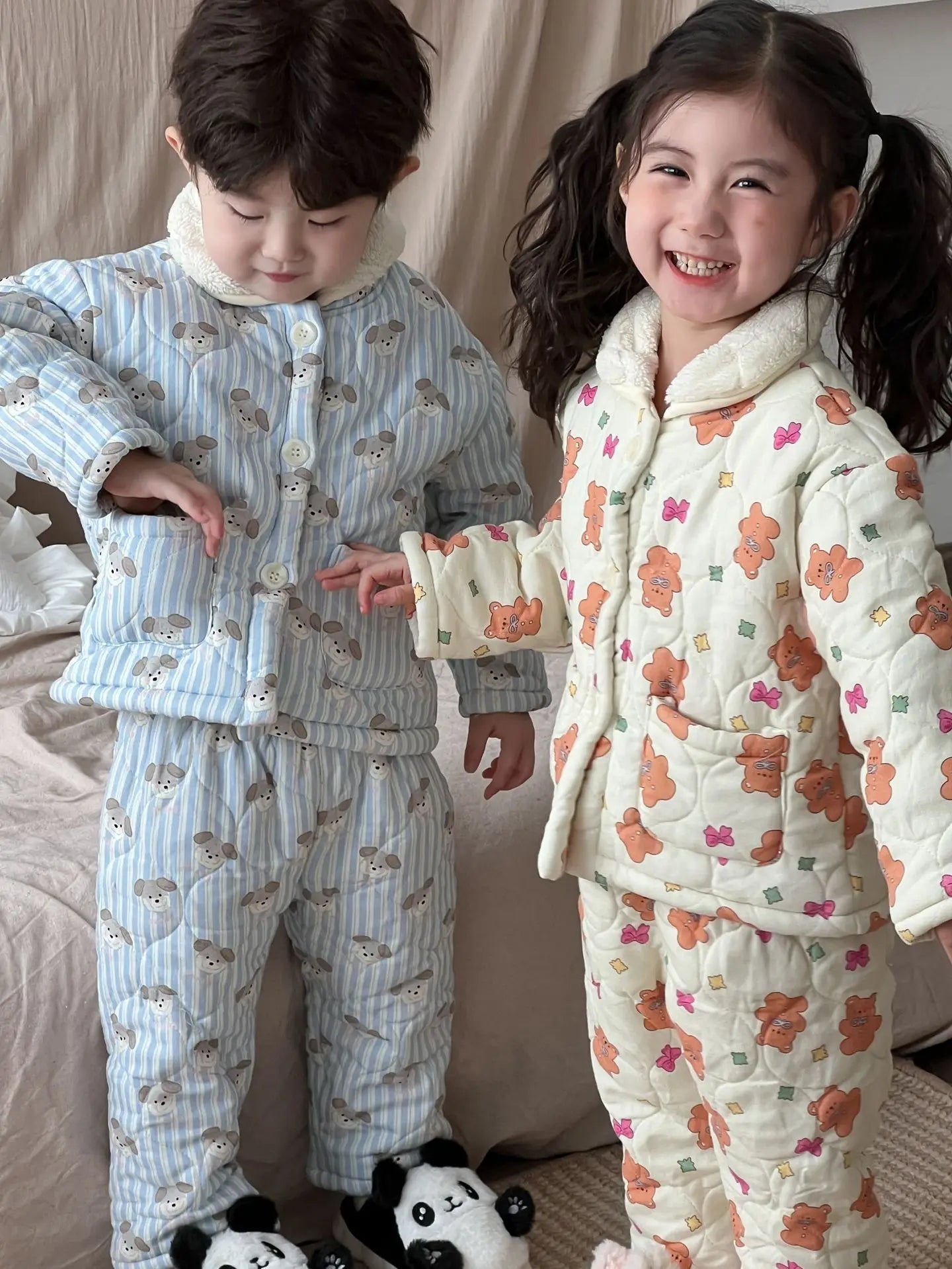 長袖パジャマ キッズセットアップ 2点セット キルティング裏ボアフリース防寒長袖パジャマセット【mh0007985】