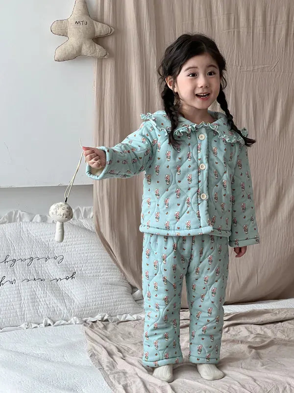 長袖パジャマ キッズセットアップ 2点セット キルティングパデッドフリルガールズ防寒長袖パジャマセット【mh0007986】