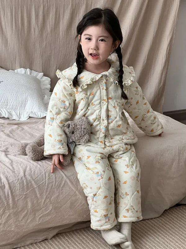 長袖パジャマ キッズセットアップ 2点セット キルティングパデッドフリルガールズ防寒長袖パジャマセット【mh0007986】