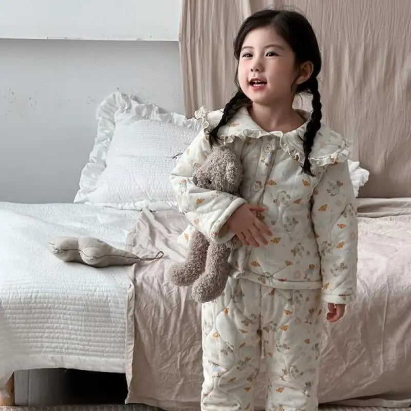 長袖パジャマ キッズセットアップ 2点セット キルティングパデッドフリルガールズ防寒長袖パジャマセット【mh0007986】