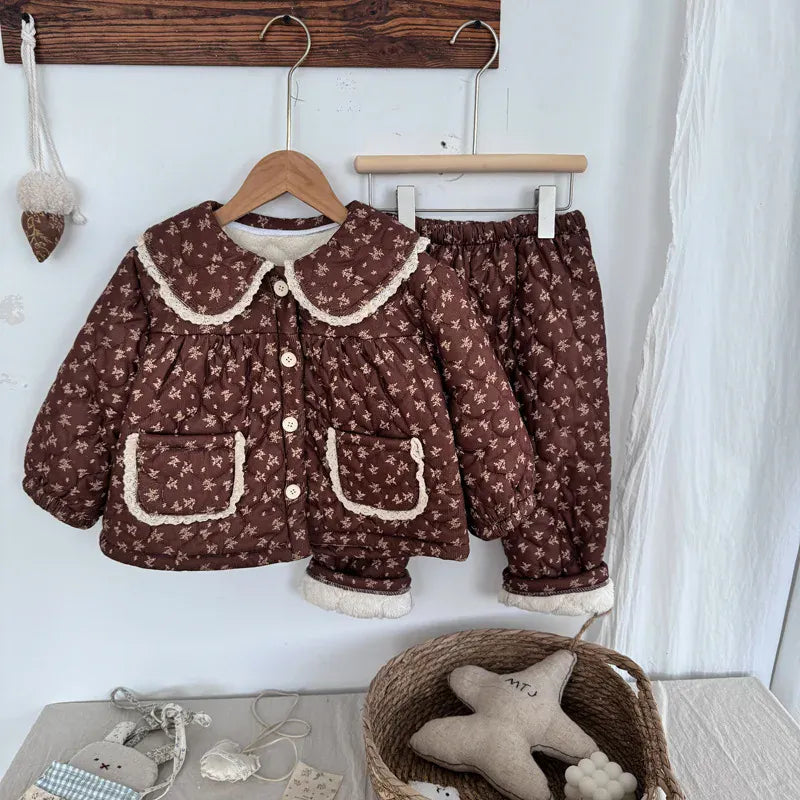 長袖パジャマ キッズセットアップ 2点セット キルティングパデッドフリルガールズ防寒長袖パジャマセット【mh0007987】