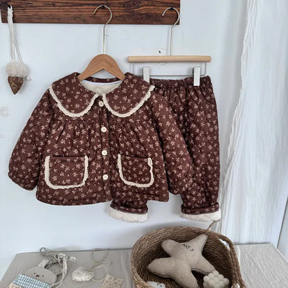 長袖パジャマ キッズセットアップ 2点セット キルティングパデッドフリルガールズ防寒長袖パジャマセット【mh0007987】