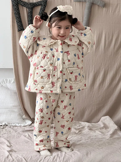 長袖パジャマ キッズセットアップ 2点セット キルティングパデッドフリルガールズ防寒長袖パジャマセット【mh0007987】