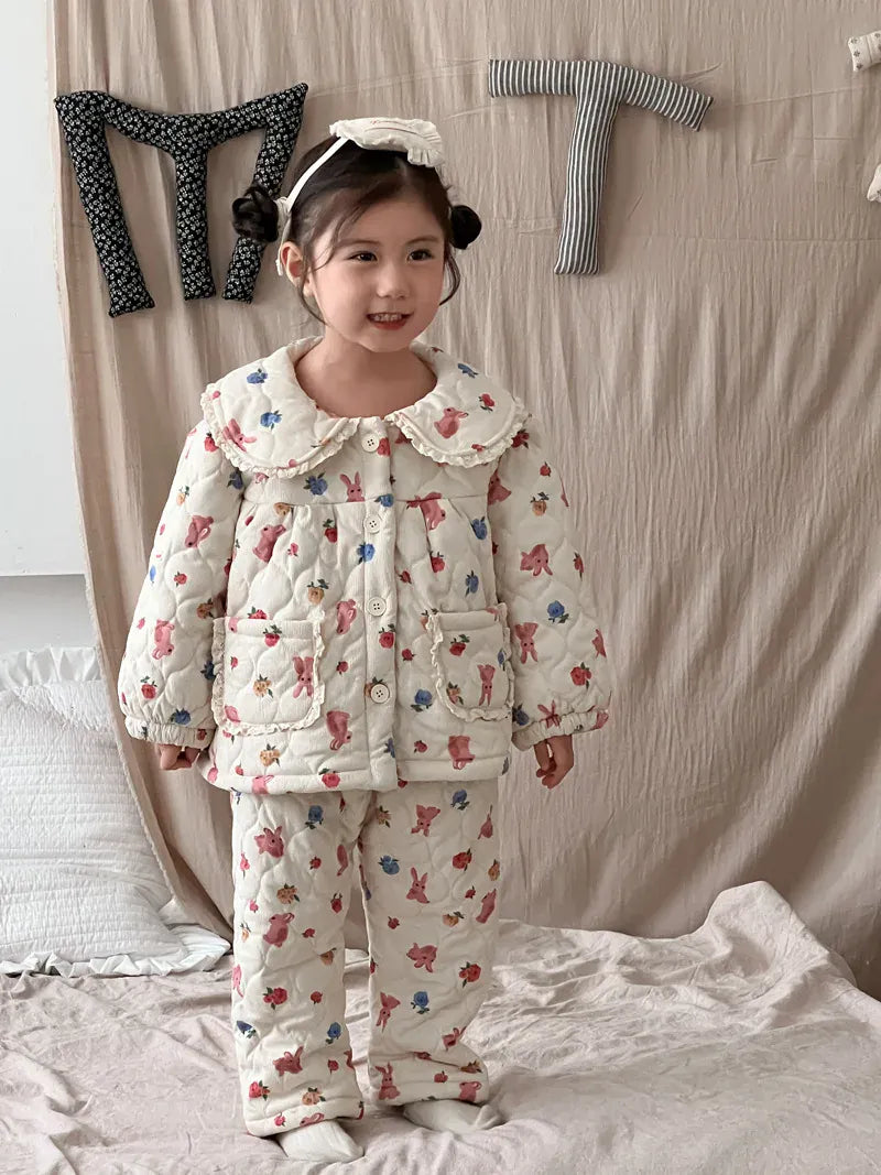 長袖パジャマ キッズセットアップ 2点セット キルティングパデッドフリルガールズ防寒長袖パジャマセット【mh0007987】