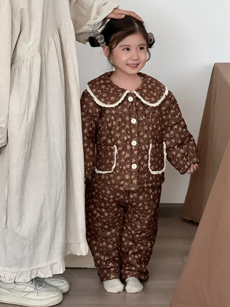 長袖パジャマ キッズセットアップ 2点セット キルティングパデッドフリルガールズ防寒長袖パジャマセット【mh0007987】