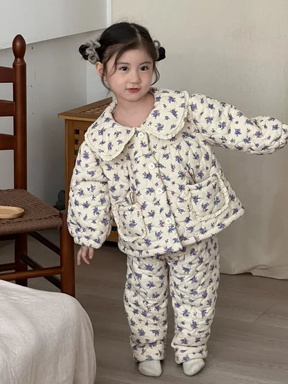 長袖パジャマ キッズセットアップ 2点セット キルティングパデッドフリルガールズ防寒長袖パジャマセット【mh0007987】