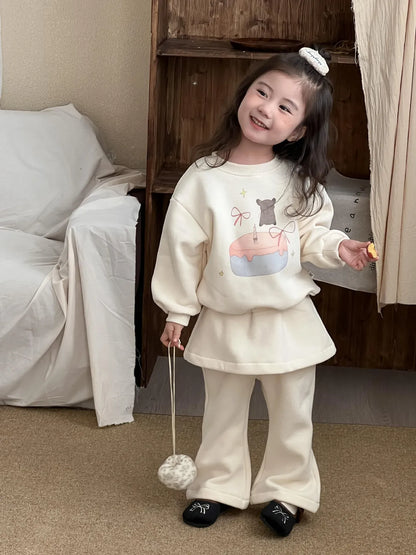 長袖セットアップ キッズセットアップ 2点セット フリース長袖スウェットシャツ+スカートドッキングフレアパンツ【mh0008502】