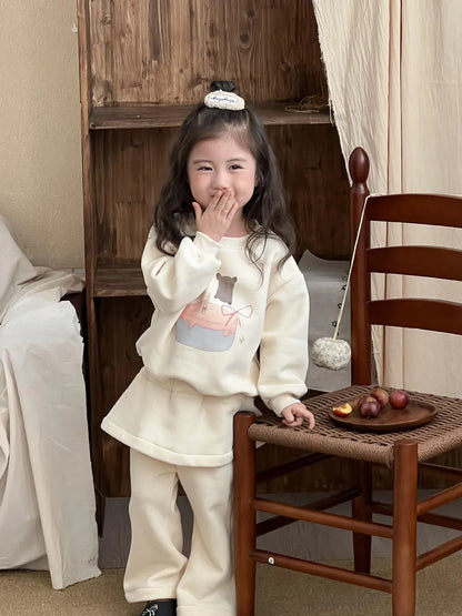 長袖セットアップ キッズセットアップ 2点セット フリース長袖スウェットシャツ+スカートドッキングフレアパンツ【mh0008502】