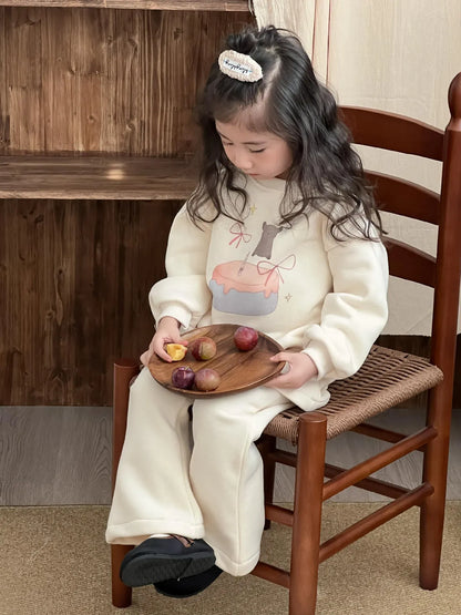 長袖セットアップ キッズセットアップ 2点セット フリース長袖スウェットシャツ+スカートドッキングフレアパンツ【mh0008502】