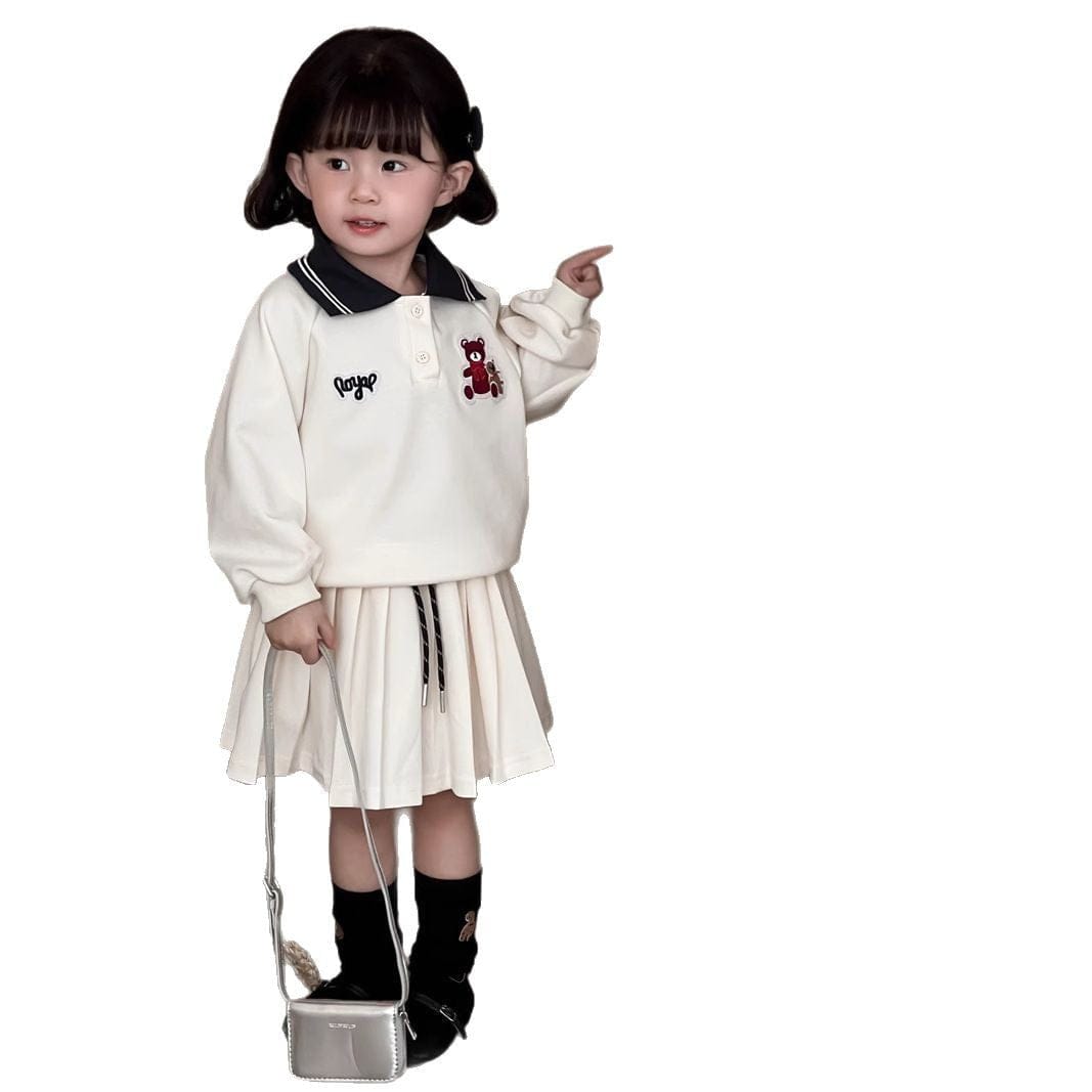 長袖セットアップ キッズセットアップ 2点セット ベアくまワッペン長袖ポロシャツ+プリーツスカート【mh0009103】