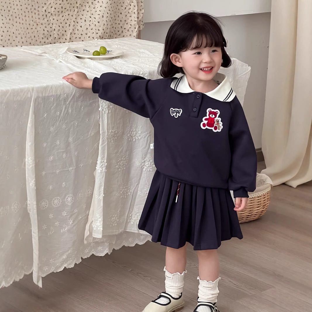 長袖セットアップ キッズセットアップ 2点セット ベアくまワッペン長袖ポロシャツ+プリーツスカート【mh0009103】