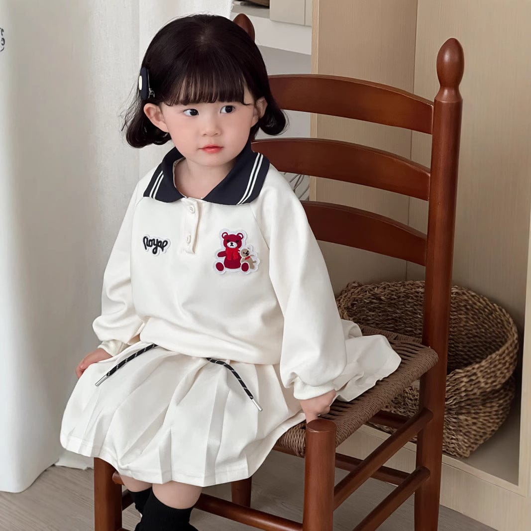 長袖セットアップ キッズセットアップ 2点セット ベアくまワッペン長袖ポロシャツ+プリーツスカート【mh0009103】